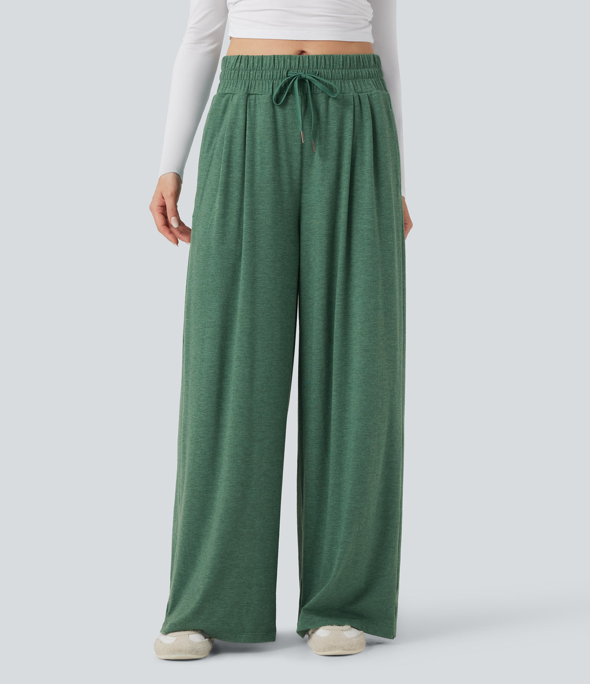 Mid Rise Drawstring Heathered Casual Baggy Trousers with Pockets — Emerald Floral Yarn — view 4