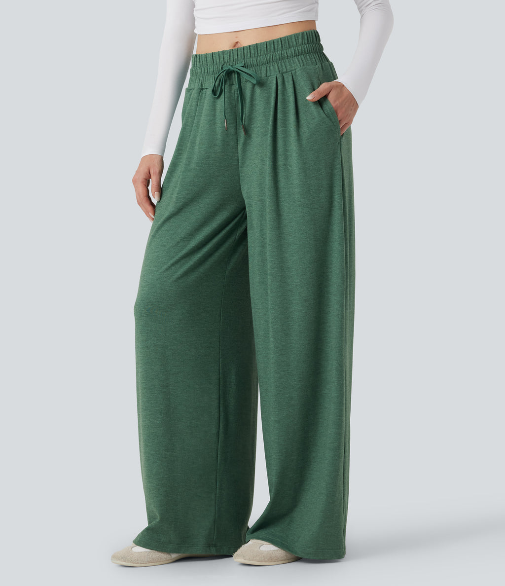 Mid Rise Drawstring Heathered Casual Baggy Trousers with Pockets — Emerald Floral Yarn — view 2