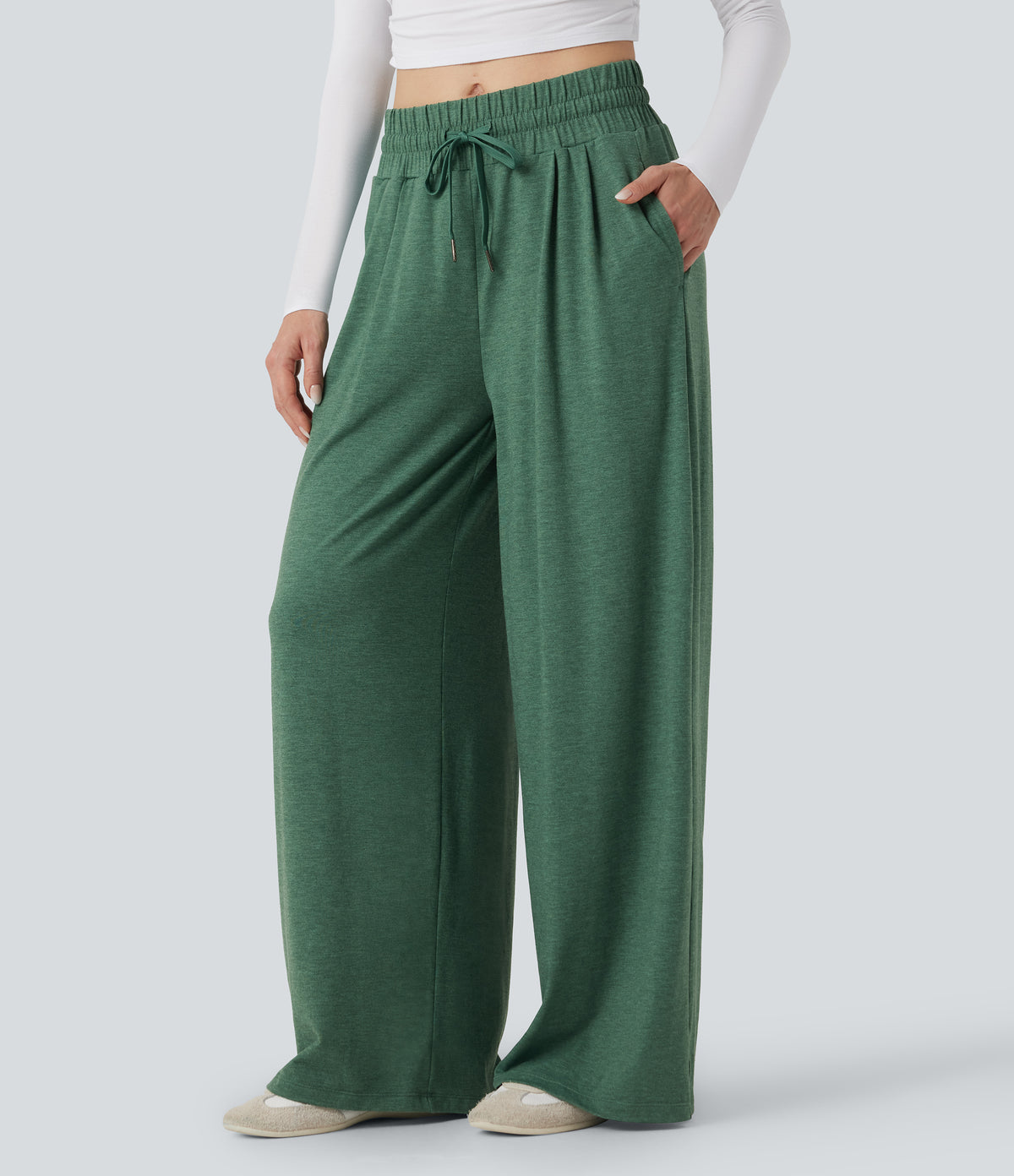 Mid Rise Drawstring Heathered Casual Baggy Trousers with Pockets — Emerald Floral Yarn — view 2