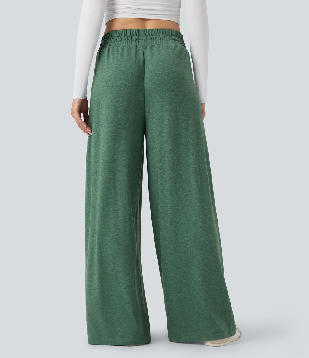 Mid Rise Drawstring Heathered Casual Baggy Trousers with Pockets — Emerald Floral Yarn — view 3