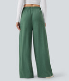 Mid Rise Drawstring Heathered Casual Baggy Trousers with Pockets — Emerald Floral Yarn — view 3