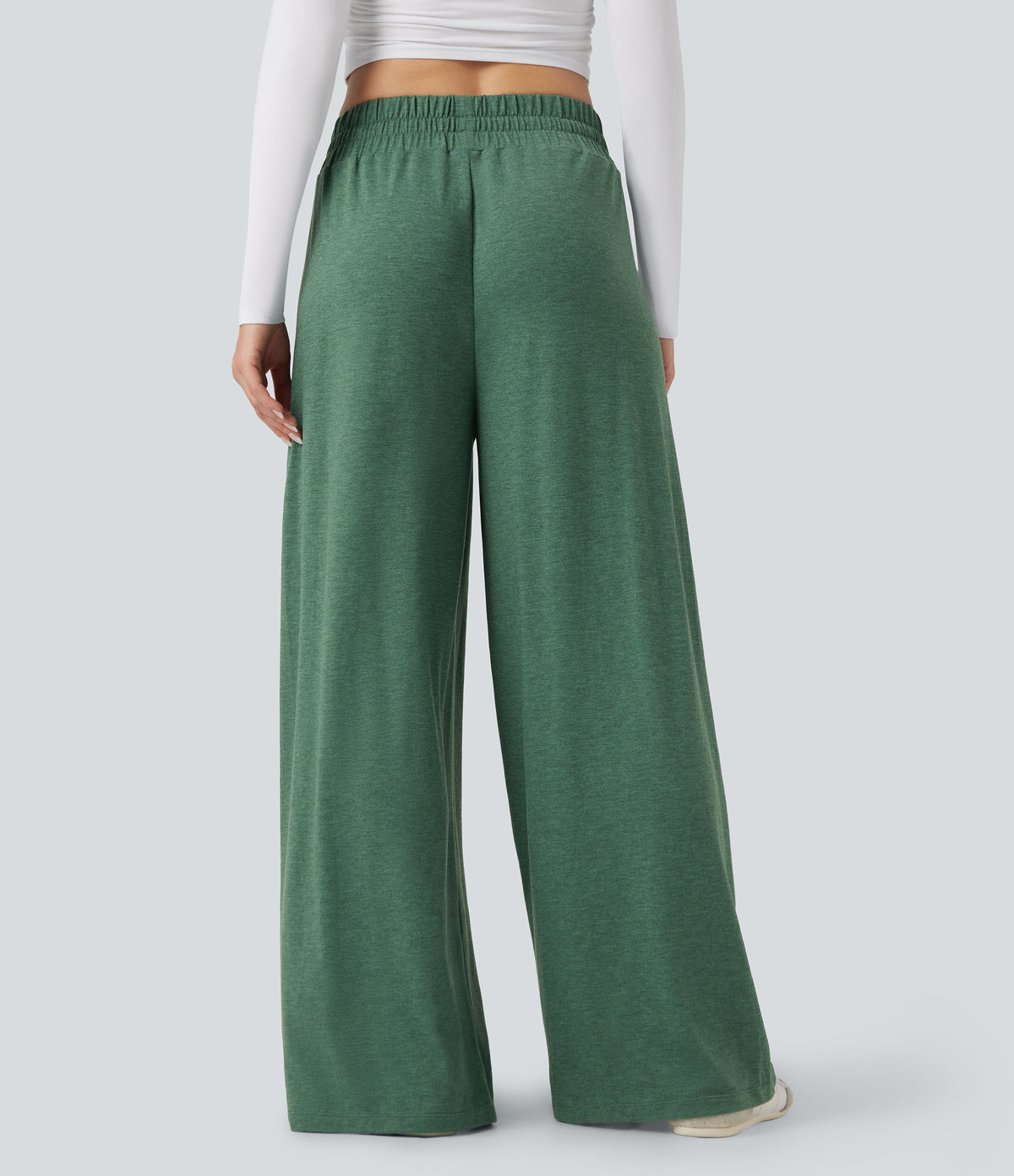 Mid Rise Drawstring Heathered Casual Baggy Trousers with Pockets — Emerald Floral Yarn — view 3