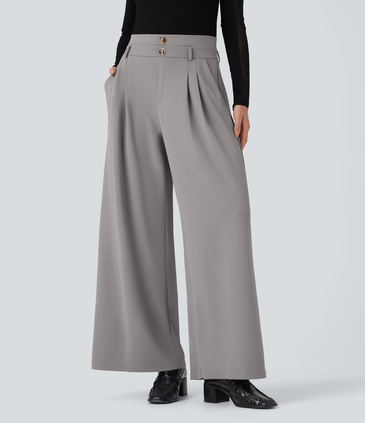 High Waisted Double Waistband Wide Leg Crepe Work Trousers with Pockets — Paloma — view 2