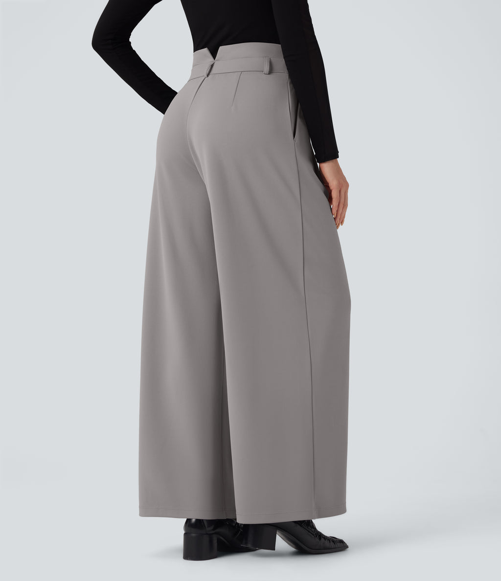 High Waisted Double Waistband Wide Leg Crepe Work Trousers with Pockets — Paloma — view 3