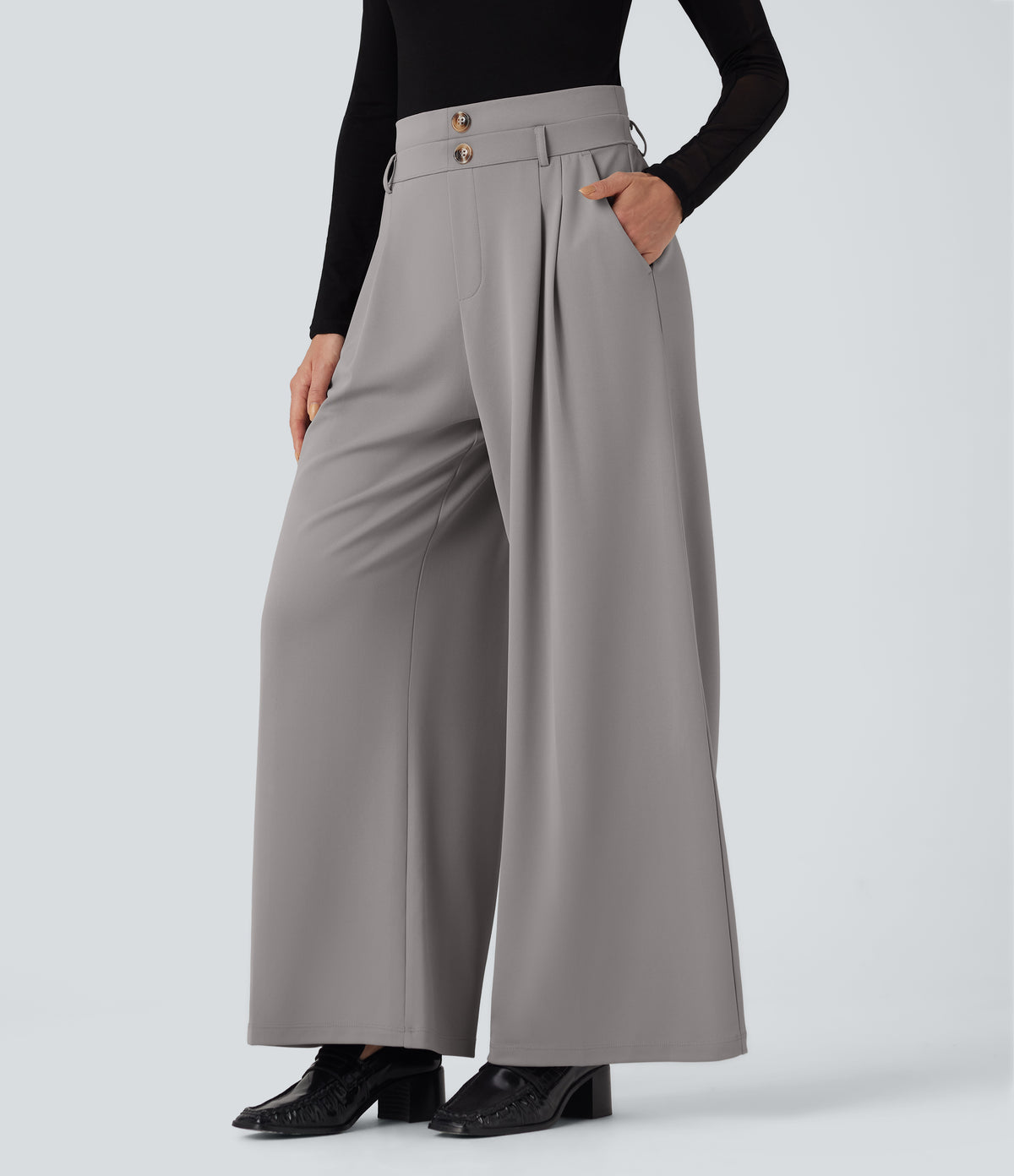 High Waisted Double Waistband Wide Leg Crepe Work Trousers with Pockets — Paloma — view 4