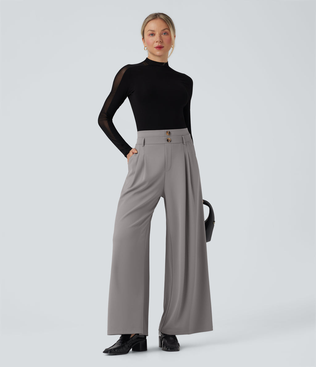 High Waisted Double Waistband Wide Leg Crepe Work Trousers with Pockets — Paloma — view 1