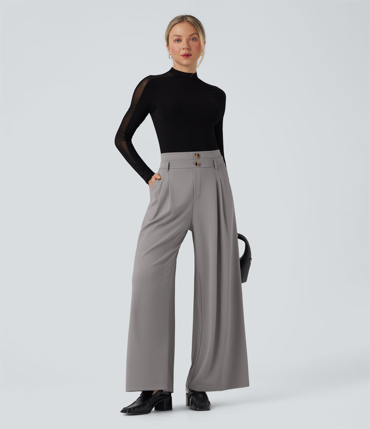 High Waisted Double Waistband Wide Leg Crepe Work Trousers with Pockets — Paloma — view 1