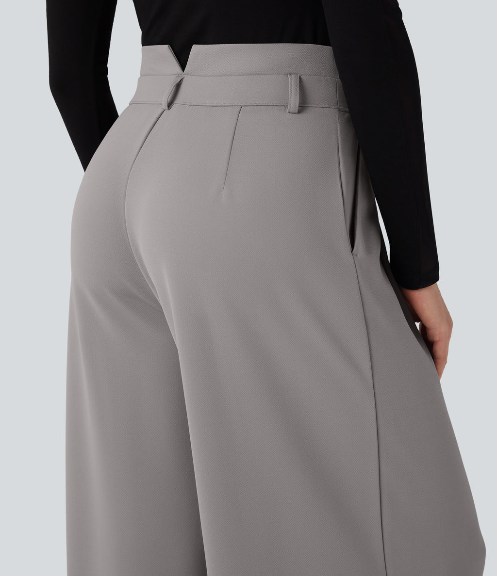 High Waisted Double Waistband Wide Leg Crepe Work Trousers with Pockets — Paloma — view 6