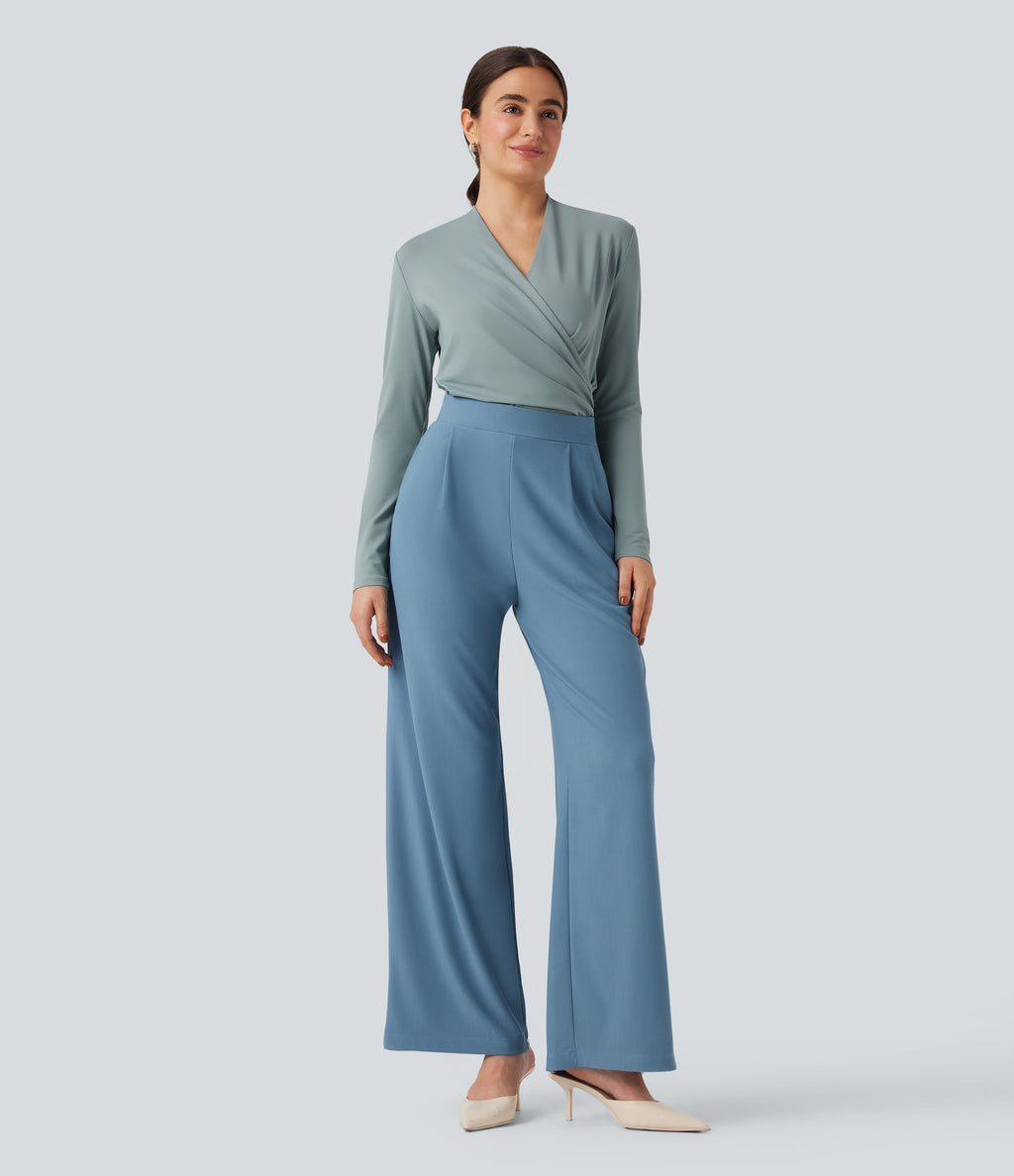 V-neck Long Sleeve Ruched Work Top — Gray Mist — view 6
