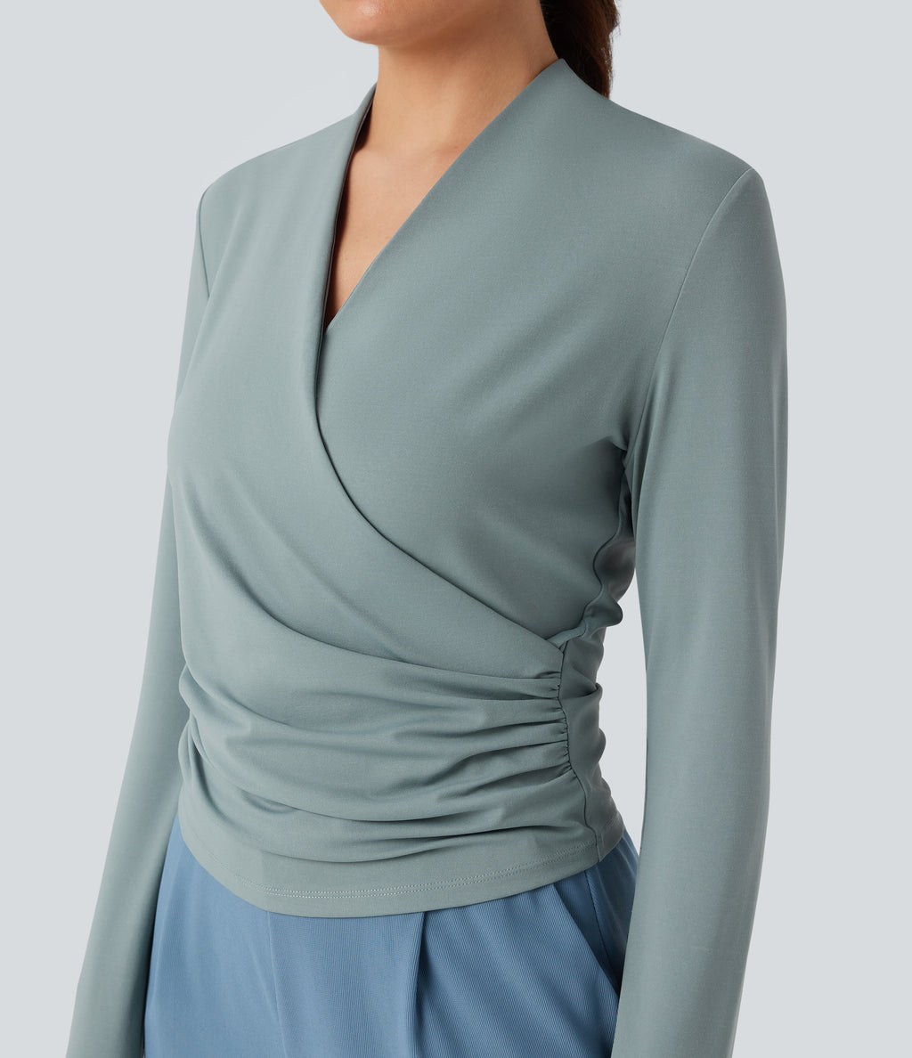 V-neck Long Sleeve Ruched Work Top — Gray Mist — view 1