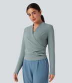 V-neck Long Sleeve Ruched Work Top — Gray Mist — view 4