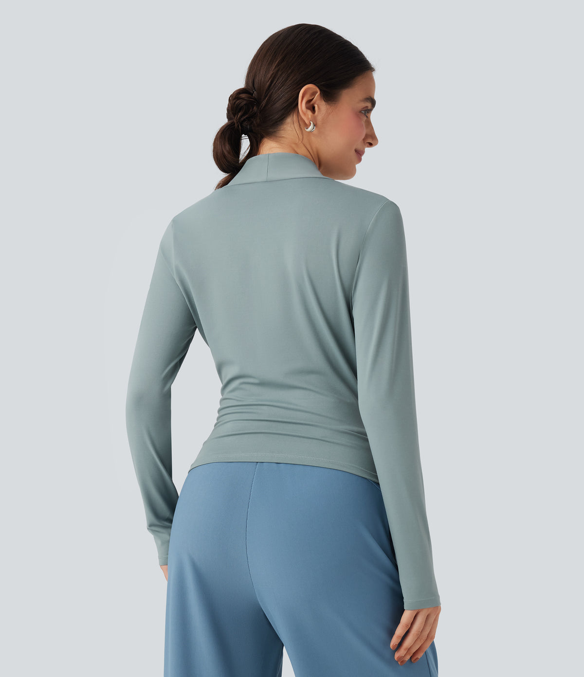 V-neck Long Sleeve Ruched Work Top — Gray Mist — view 3