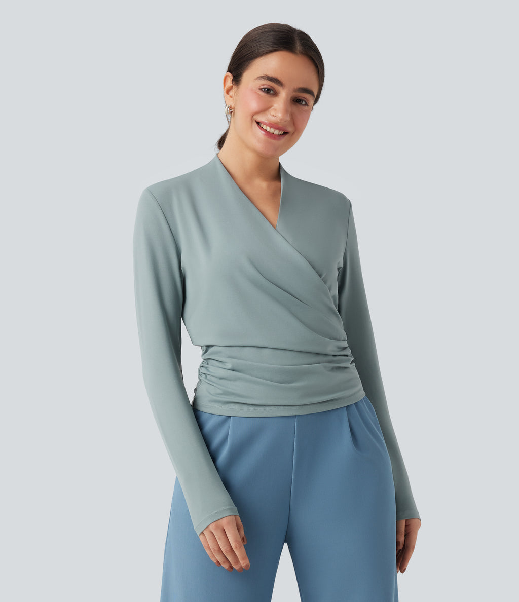 V-neck Long Sleeve Ruched Work Top — Gray Mist — view 2