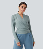 V-neck Long Sleeve Ruched Work Top — Gray Mist — view 2