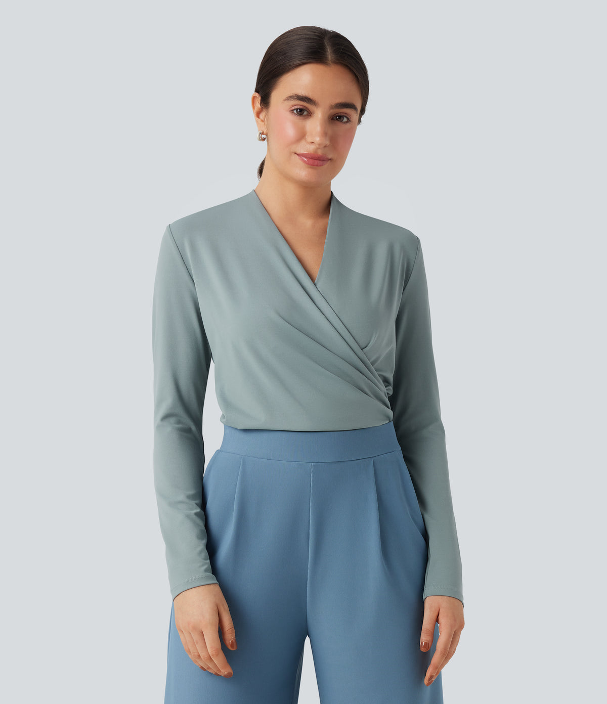 V-neck Long Sleeve Ruched Work Top — Gray Mist — view 5