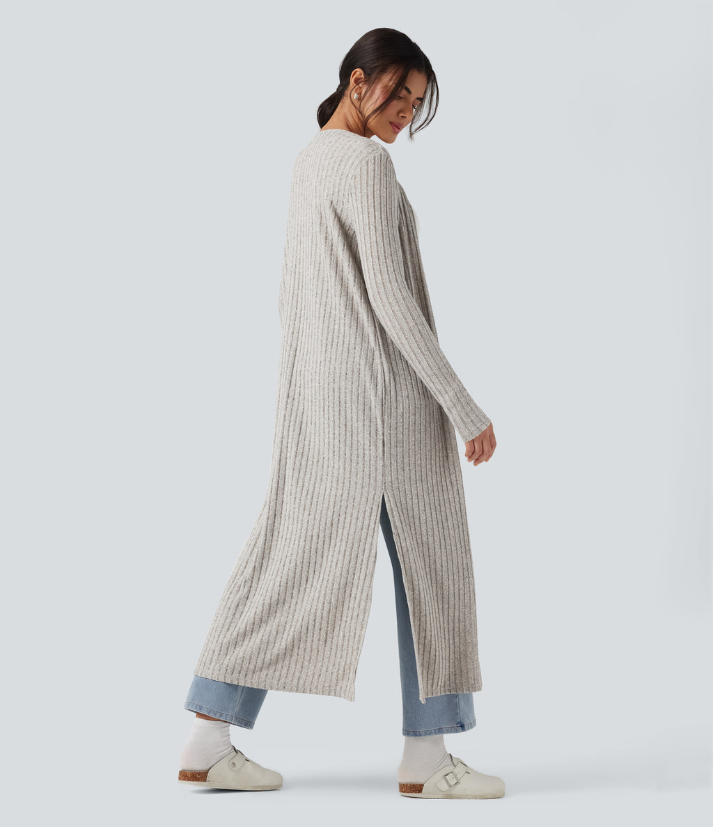 Ribbed Knit Long Sleeve Split Casual Longline Cardigan — Warm Grey Floral Velvet — view 2