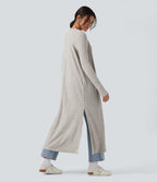 Ribbed Knit Long Sleeve Split Casual Longline Cardigan — Warm Grey Floral Velvet — view 2