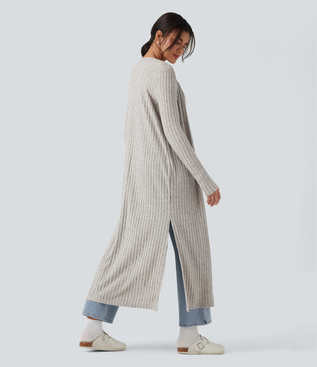 Ribbed Knit Long Sleeve Split Casual Longline Cardigan — Warm Grey Floral Velvet — view 2