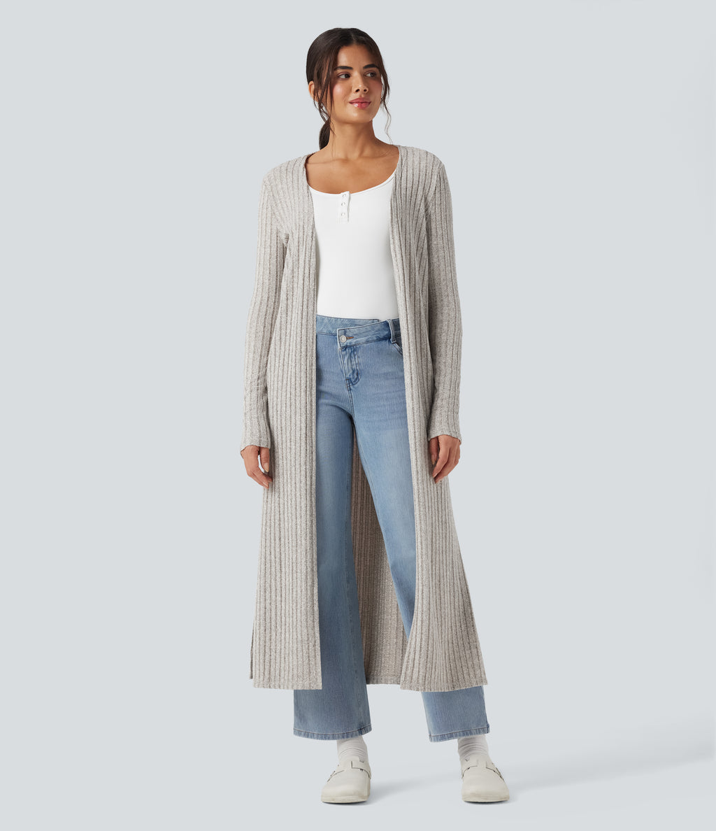 Ribbed Knit Long Sleeve Split Casual Longline Cardigan — Warm Grey Floral Velvet — view 3
