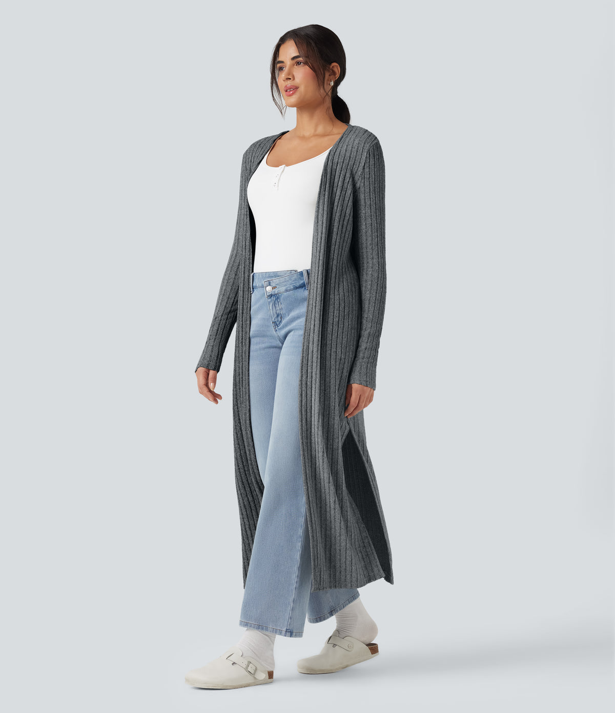 Ribbed Knit Long Sleeve Split Casual Longline Cardigan — Mottled Dark Gray — view 6