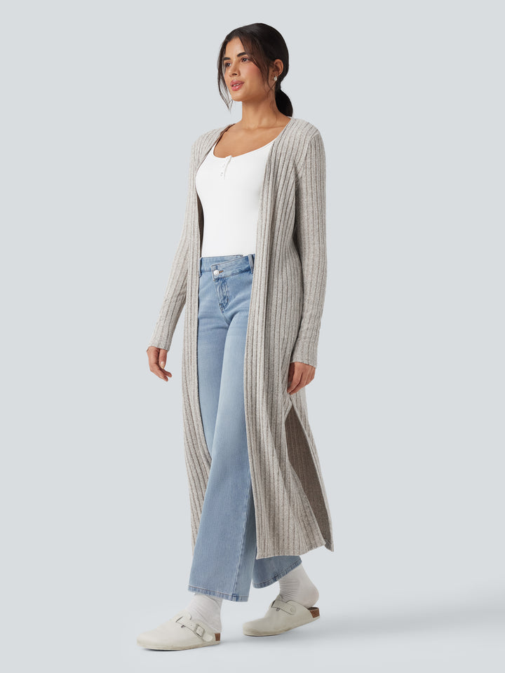 Ribbed Knit Long Sleeve Split Casual Longline Cardigan — Warm Grey Floral Velvet — view 1