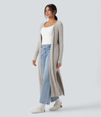 Ribbed Knit Long Sleeve Split Casual Longline Cardigan — Warm Grey Floral Velvet — view 1