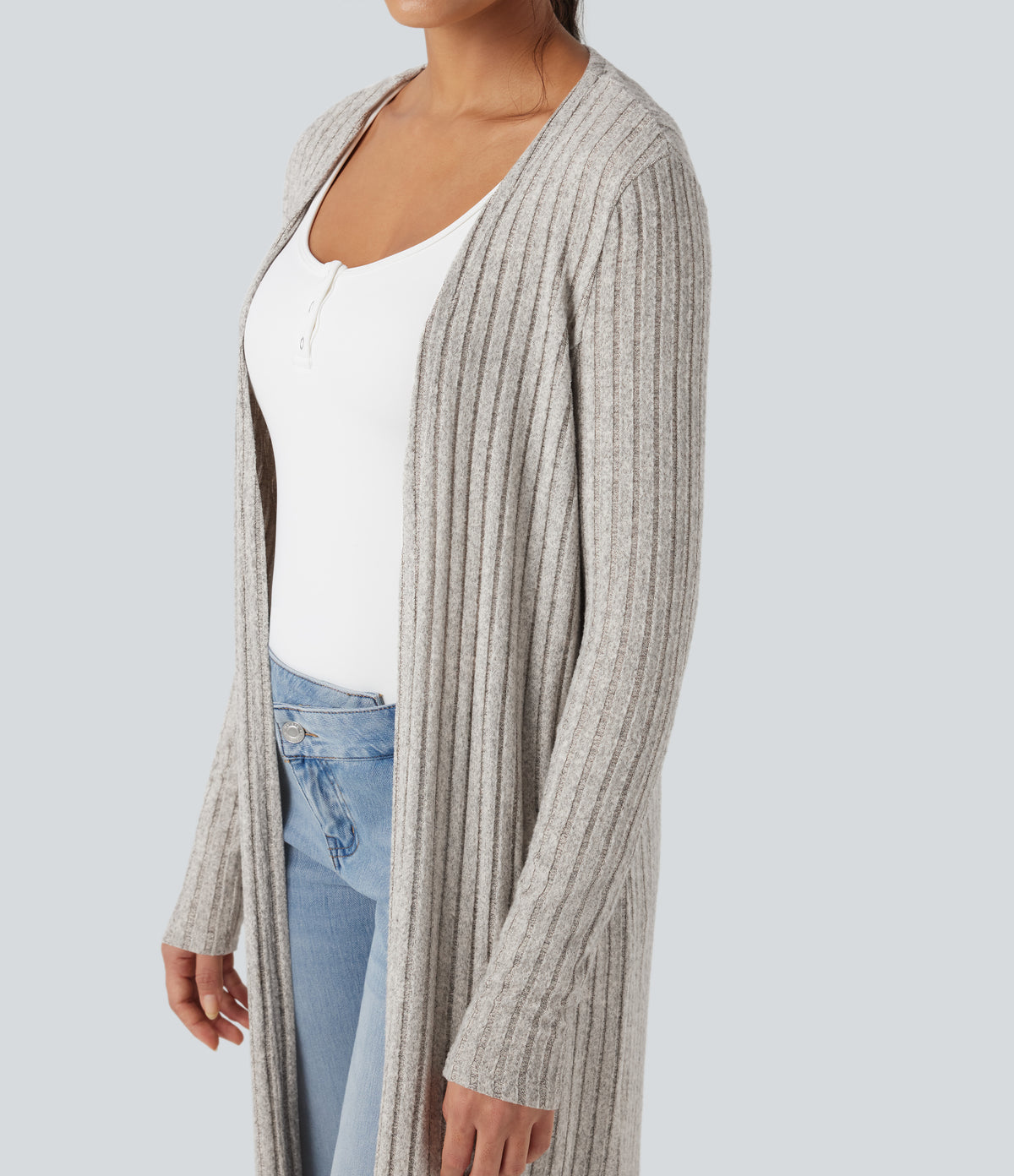 Ribbed Knit Long Sleeve Split Casual Longline Cardigan — Warm Grey Floral Velvet — view 4