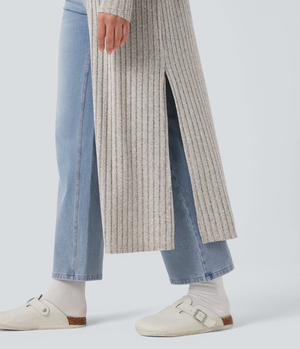 Ribbed Knit Long Sleeve Split Casual Longline Cardigan — Warm Grey Floral Velvet — view 5