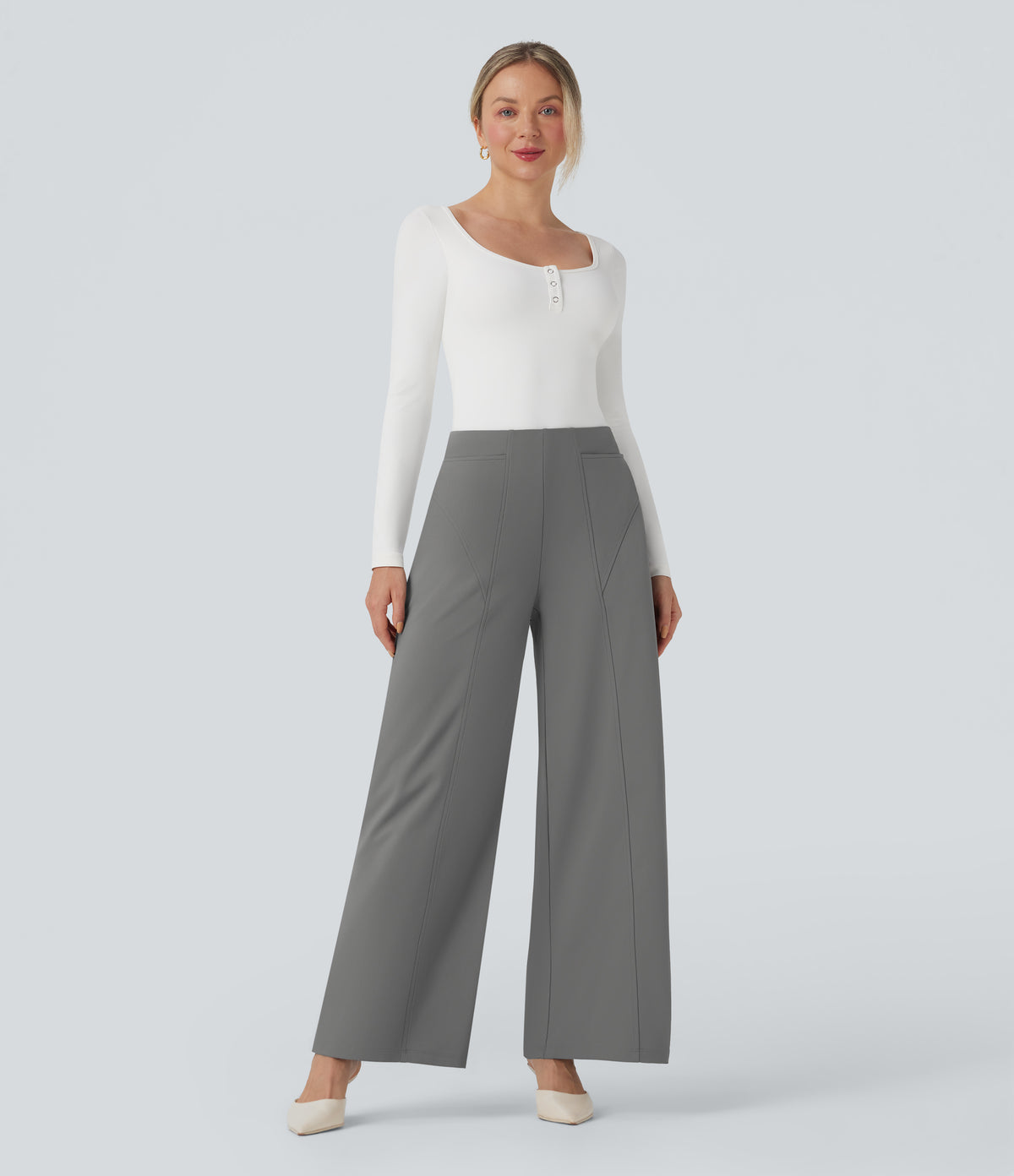 Mid Rise Wide Leg Work Trousers with Pockets — Silent Storm — view 6