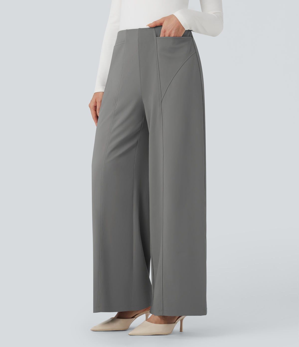 Mid Rise Wide Leg Work Trousers with Pockets — Silent Storm — view 3