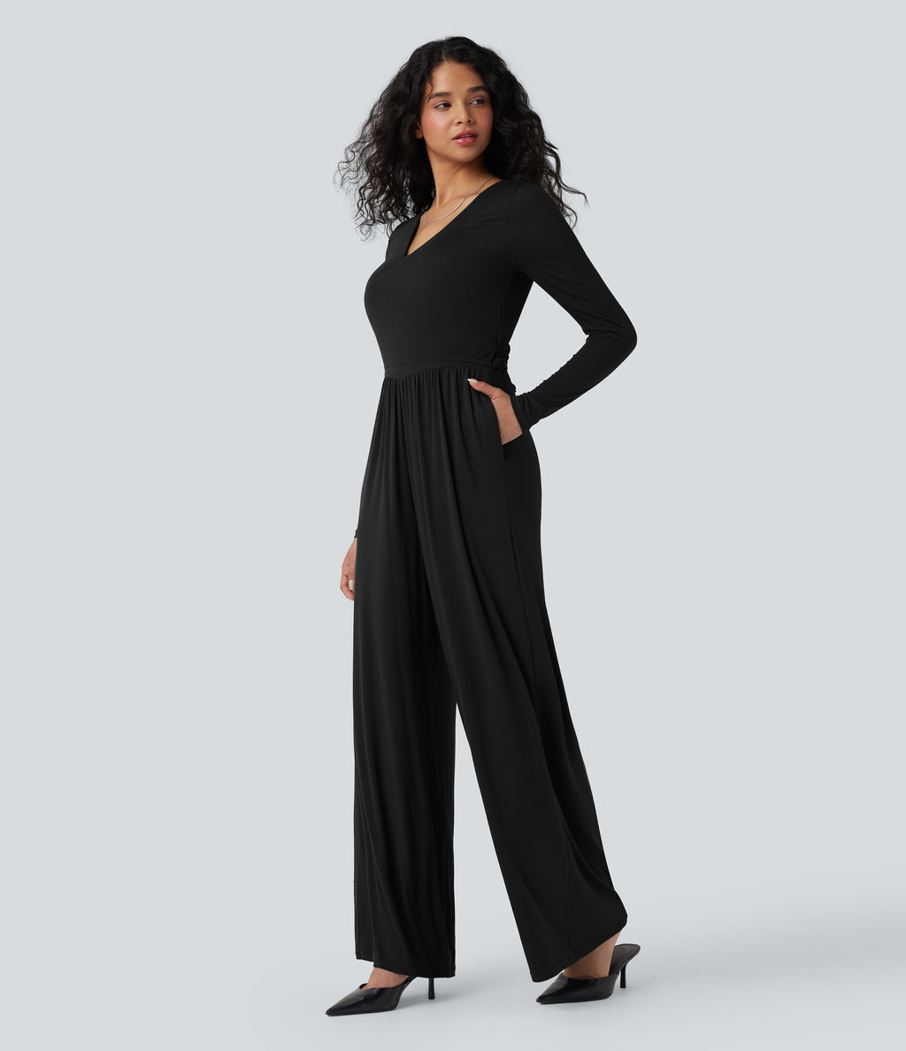 Ribbed V Neck Wrapped Tie Back Long Sleeve Wide Leg Casual Jumpsuit with Pockets-Edition — Black — view 5