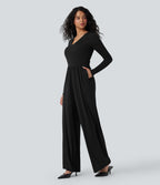 Ribbed V Neck Wrapped Tie Back Long Sleeve Wide Leg Casual Jumpsuit with Pockets-Edition — Black — view 5