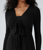 Ribbed V Neck Wrapped Tie Back Long Sleeve Wide Leg Casual Jumpsuit with Pockets-Edition — Black — view 6