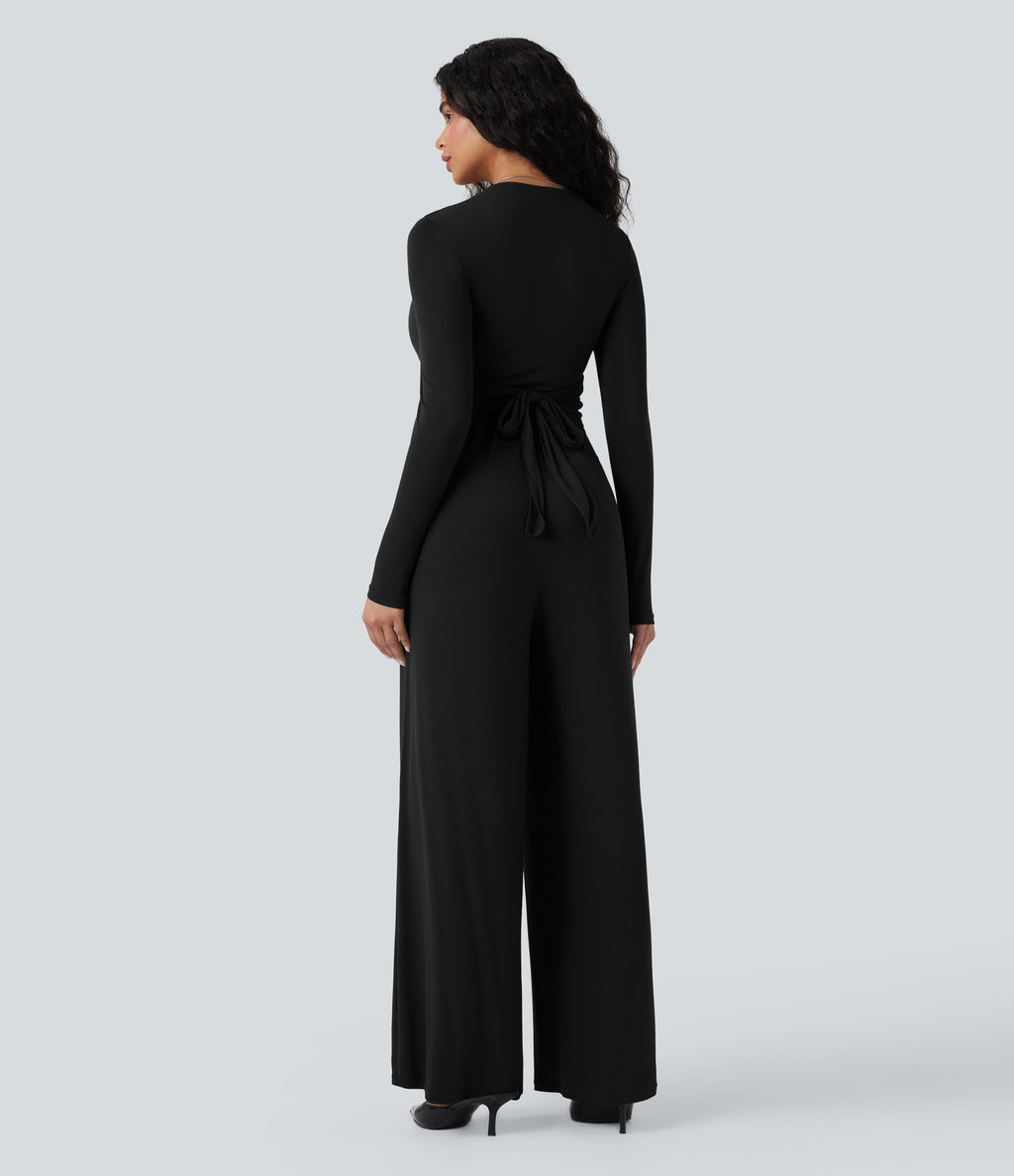 Ribbed V Neck Wrapped Tie Back Long Sleeve Wide Leg Casual Jumpsuit with Pockets-Edition — Black — view 3