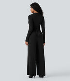 Ribbed V Neck Wrapped Tie Back Long Sleeve Wide Leg Casual Jumpsuit with Pockets-Edition — Black — view 3
