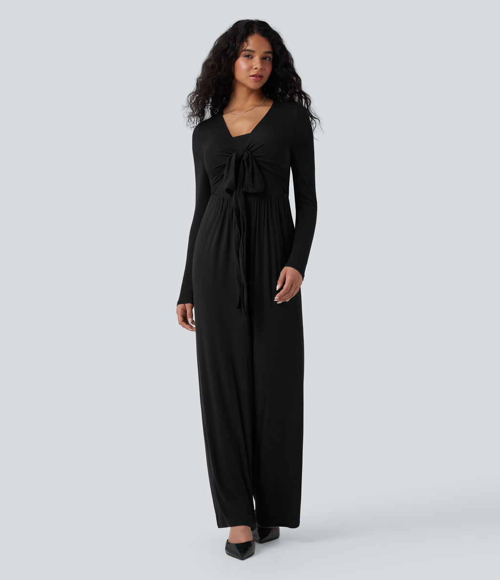 Ribbed V Neck Wrapped Tie Back Long Sleeve Wide Leg Casual Jumpsuit with Pockets-Edition — Black — view 2