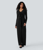 Ribbed V Neck Wrapped Tie Back Long Sleeve Wide Leg Casual Jumpsuit with Pockets-Edition — Black — view 2