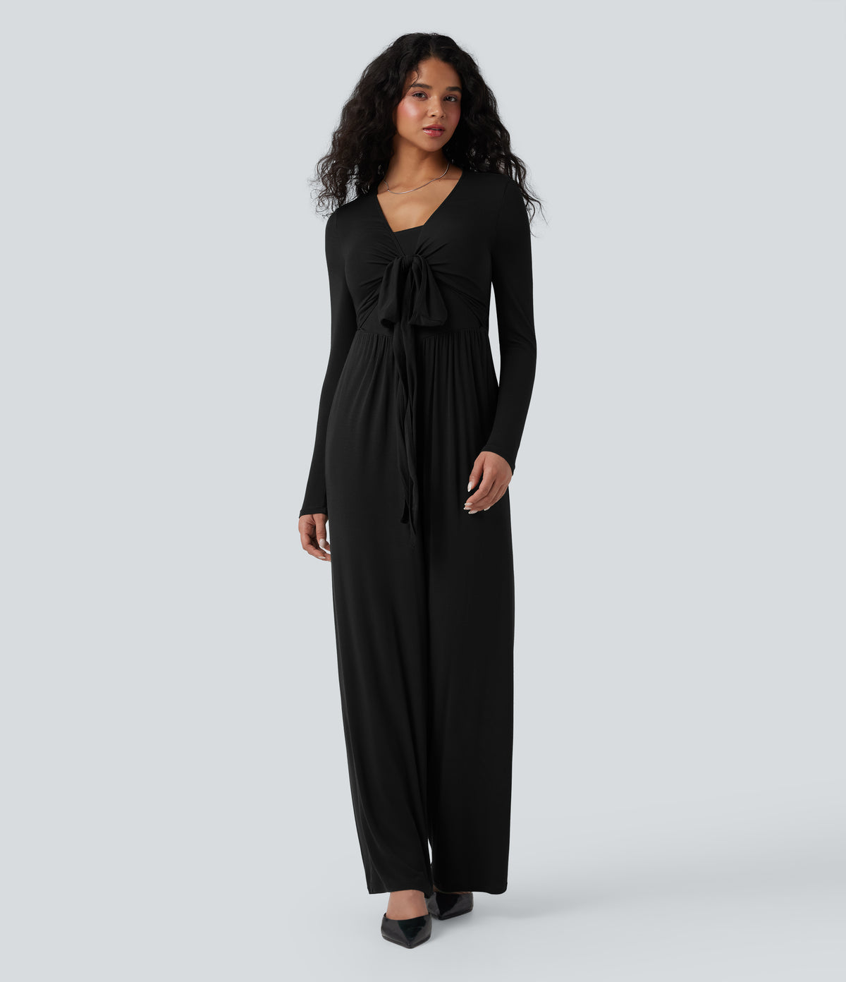 Ribbed V Neck Wrapped Tie Back Long Sleeve Wide Leg Casual Jumpsuit with Pockets-Edition — Black — view 2