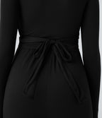 Ribbed V Neck Wrapped Tie Back Long Sleeve Wide Leg Casual Jumpsuit with Pockets-Edition — Black — view 7
