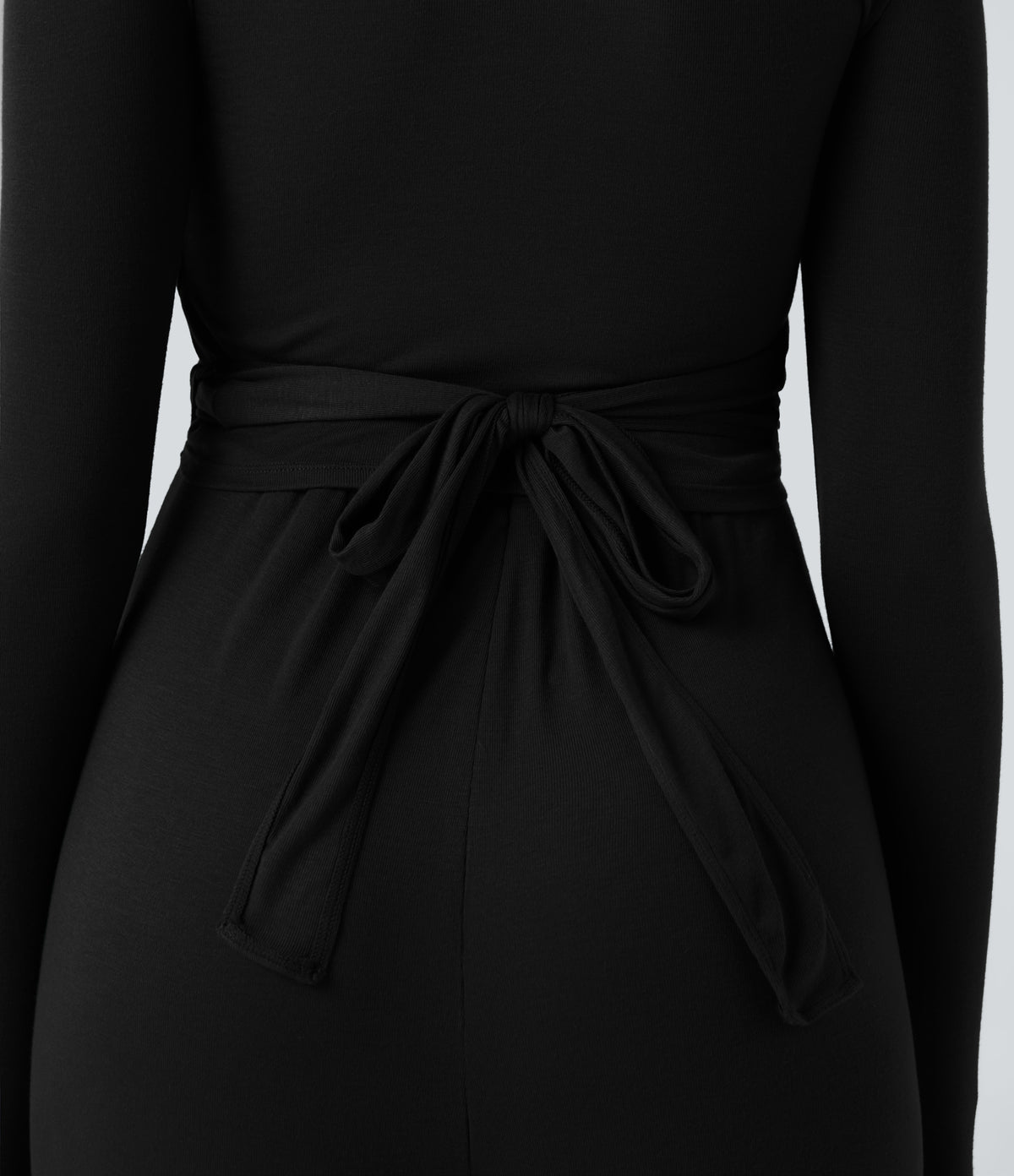 Ribbed V Neck Wrapped Tie Back Long Sleeve Wide Leg Casual Jumpsuit with Pockets-Edition — Black — view 7
