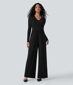 Ribbed V Neck Wrapped Tie Back Long Sleeve Wide Leg Casual Jumpsuit with Pockets-Edition — Black — view 1