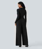 Ribbed V Neck Wrapped Tie Back Long Sleeve Wide Leg Casual Jumpsuit with Pockets-Edition — Black — view 4