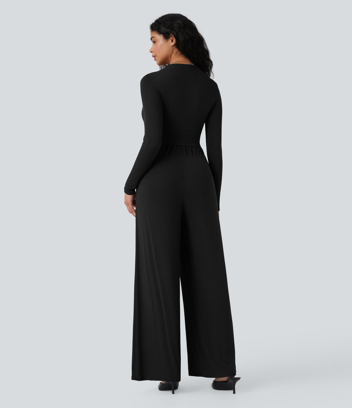 Ribbed V Neck Wrapped Tie Back Long Sleeve Wide Leg Casual Jumpsuit with Pockets-Edition — Black — view 4