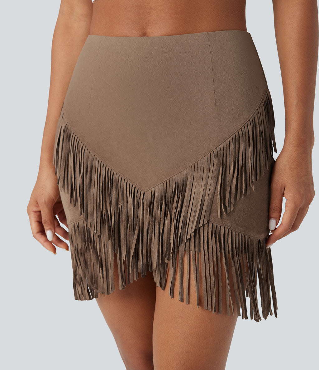 High Waisted 2-in-1 Fringe Hem Bodycon Mini Suede Casual Skirt — Coca Mocha — view 5