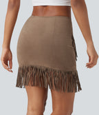 High Waisted 2-in-1 Fringe Hem Bodycon Mini Suede Casual Skirt — Coca Mocha — view 2