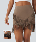 High Waisted 2-in-1 Fringe Hem Bodycon Mini Suede Casual Skirt — Coca Mocha — view 1