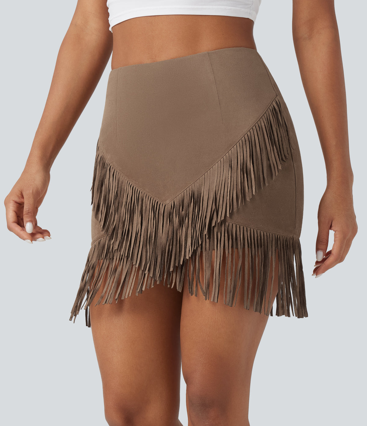 High Waisted 2-in-1 Fringe Hem Bodycon Mini Suede Casual Skirt — Coca Mocha — view 3