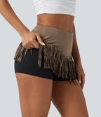 High Waisted 2-in-1 Fringe Hem Bodycon Mini Suede Casual Skirt — Coca Mocha — view 4