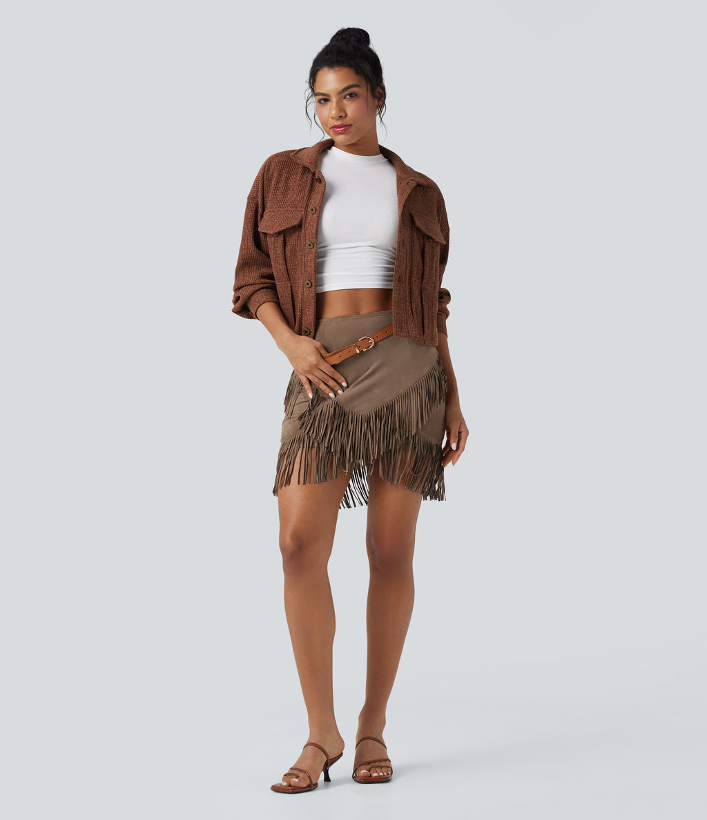 High Waisted 2-in-1 Fringe Hem Bodycon Mini Suede Casual Skirt — Coca Mocha — view 6