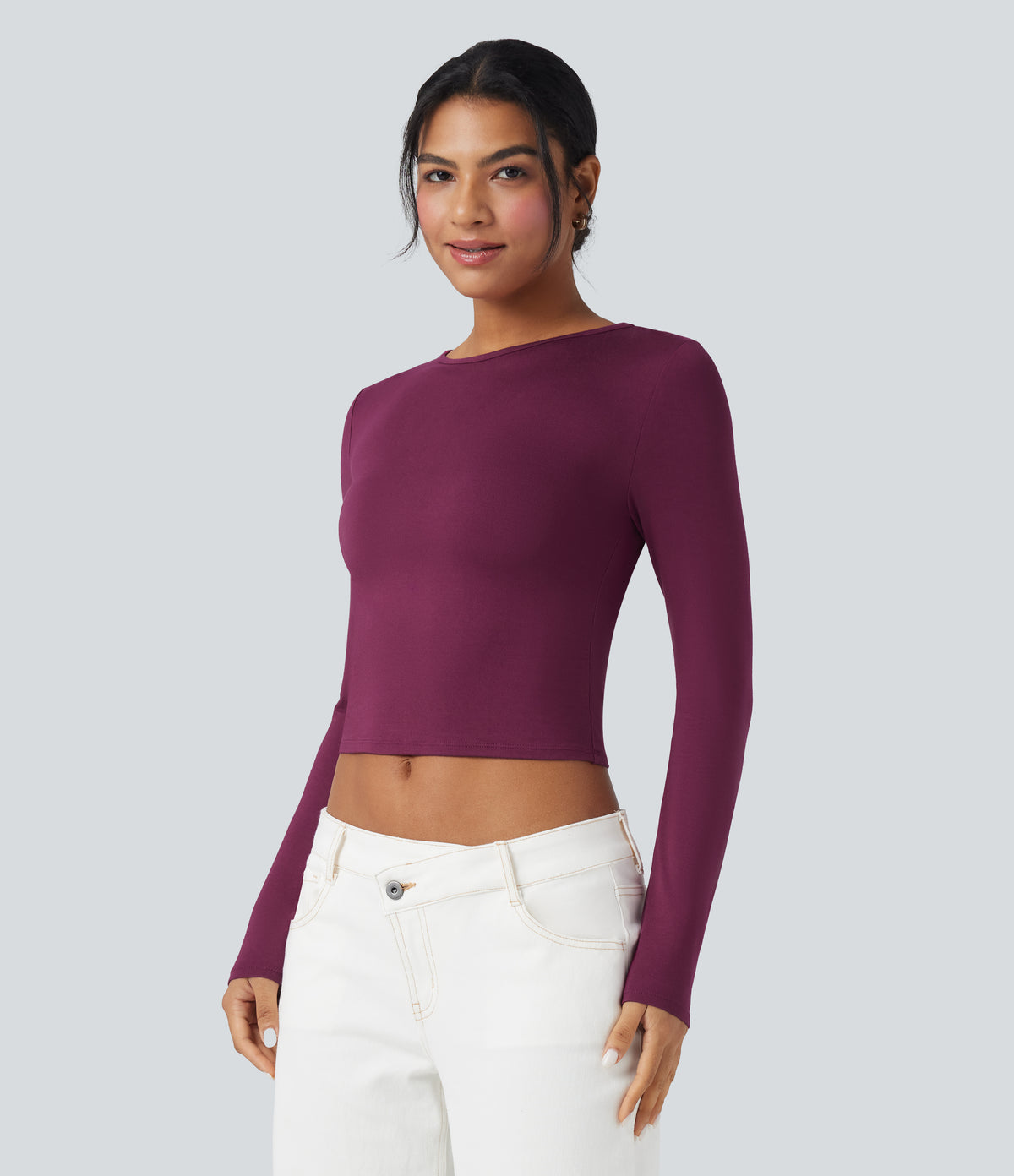 Round Neck Long Sleeve Casual T-Shirt — Red Violet — view 3